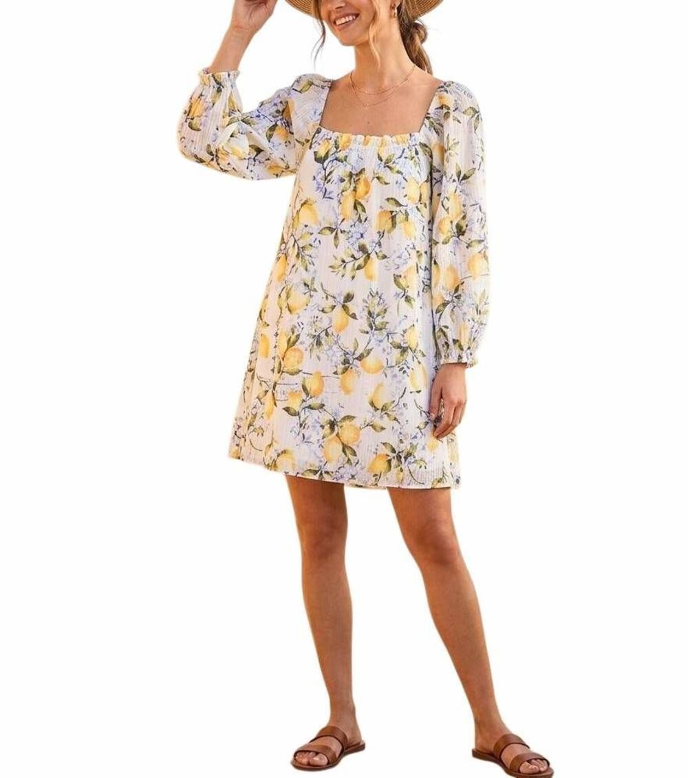 Hermoza Lina White Yellow Lemon Blue long sleeve swing mini coverup dress S
